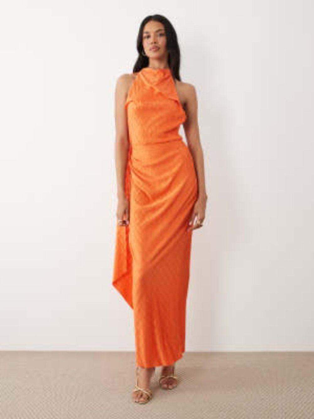 ASOS DESIGN zig zag plisse scarf neck maxi dress in orange
